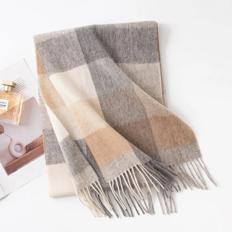 Gray tan cream checked wool scarf draped with fringe visible