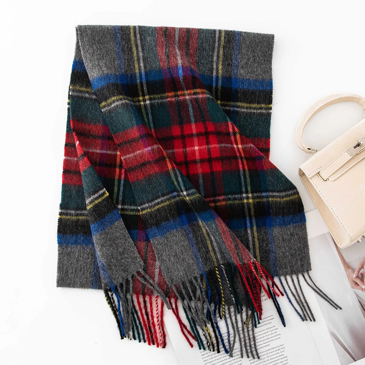 Gray tartan wool scarf with red blue and yellow lines