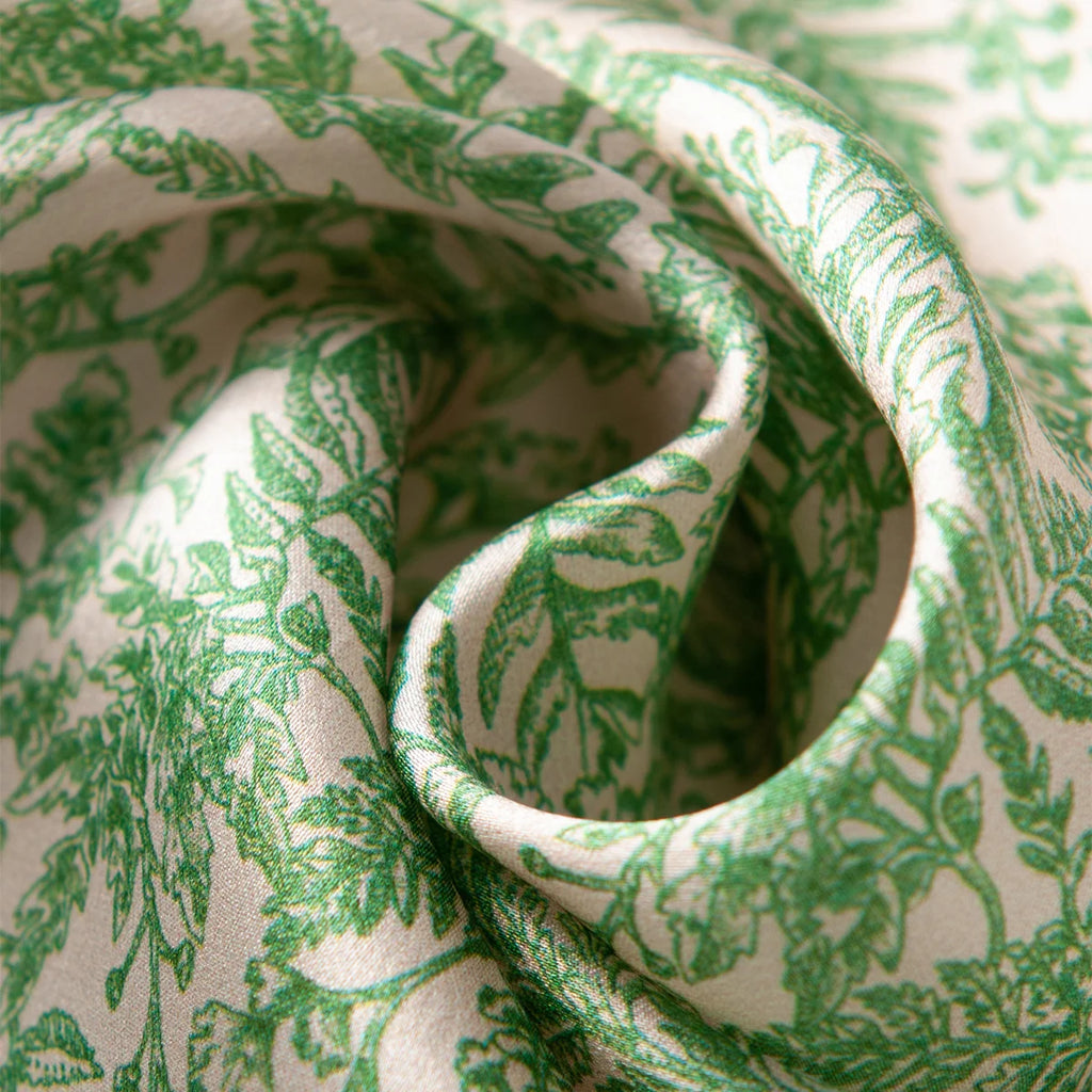 Green botanical Silk Square Scarf fabric swirl close-up
