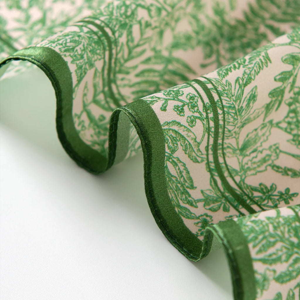 Green botanical Silk Square Scarf rolled edge detail