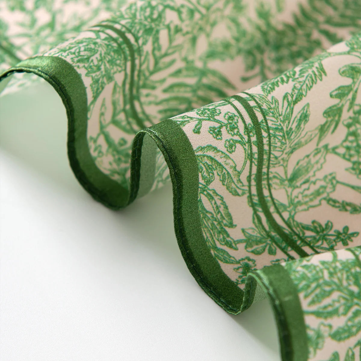 Green botanical Silk Square Scarf rolled edge detail