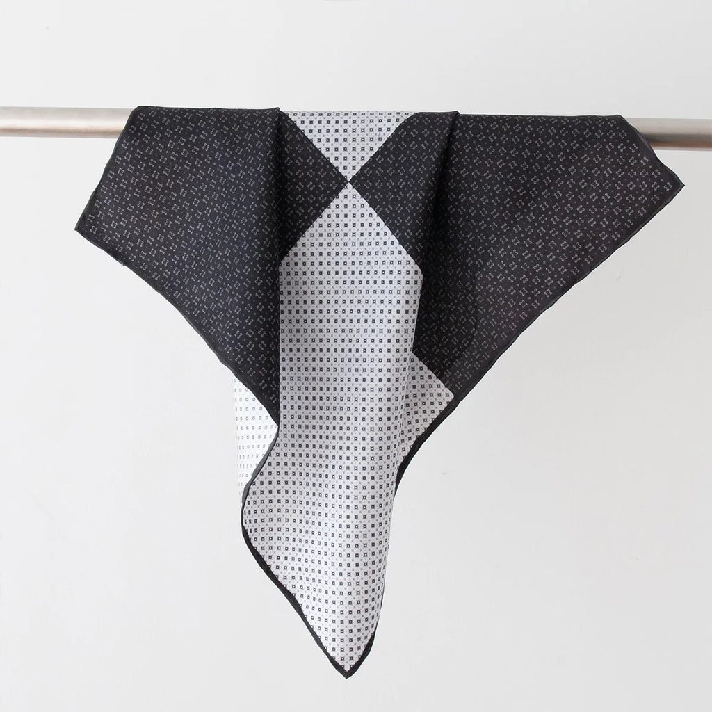 Hanging black white patchwork Silk Square Scarf display