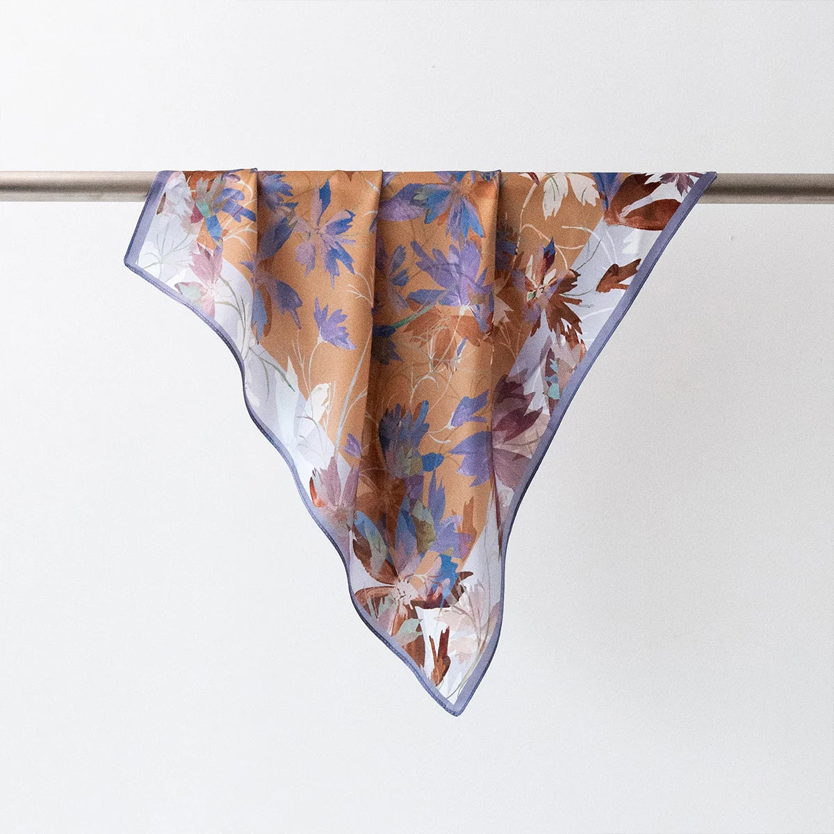 Hanging blue purple floral Silk Square Scarf display