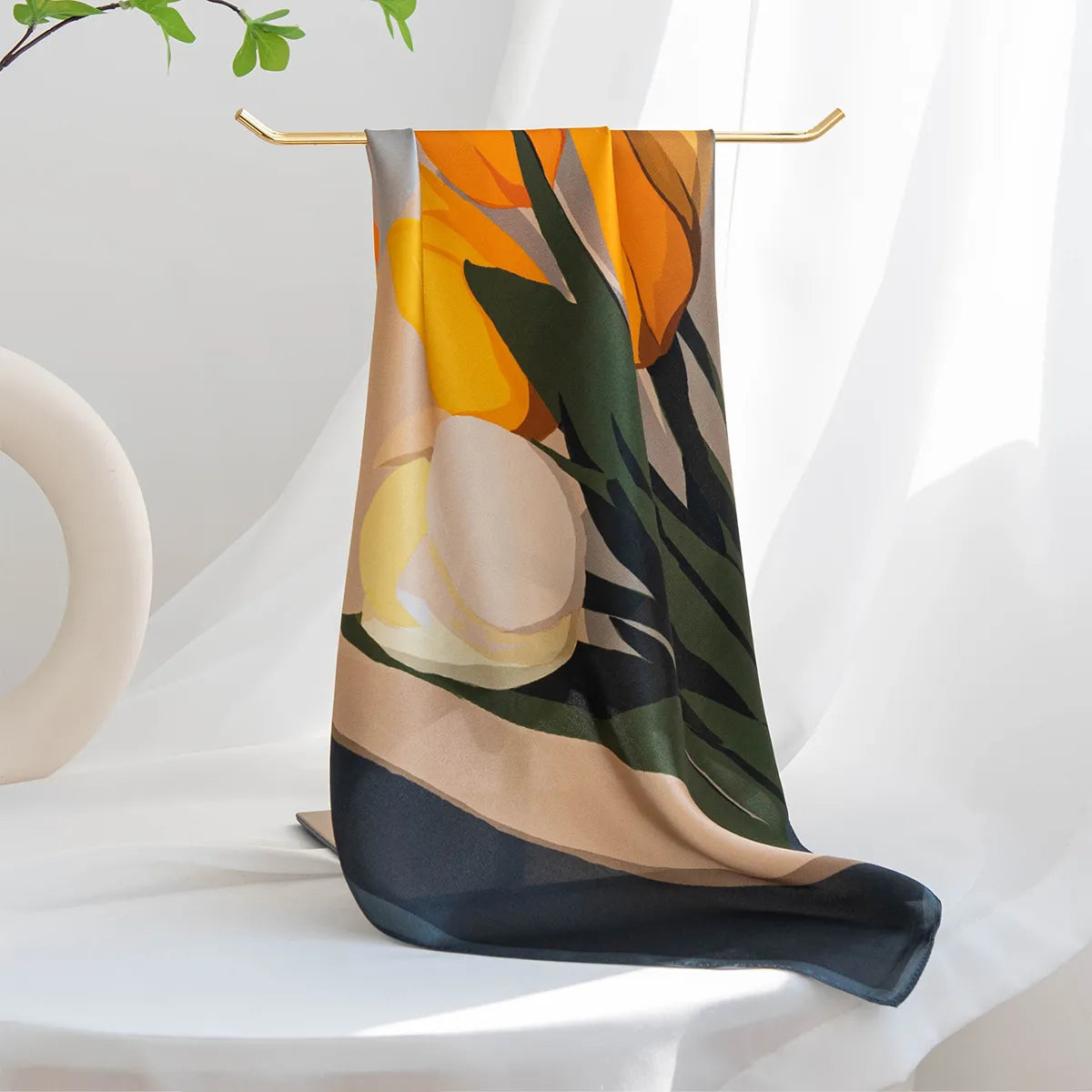 Hanging cream silk scarf with yellow and green florals