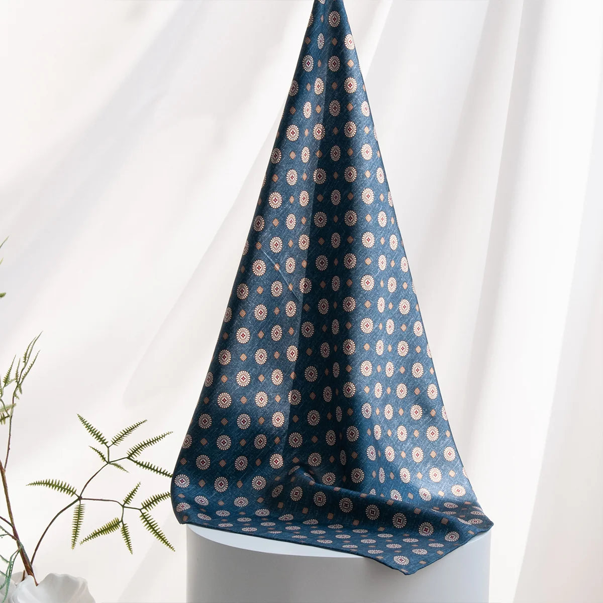 Hanging deep blue medallion Silk Square Scarf display