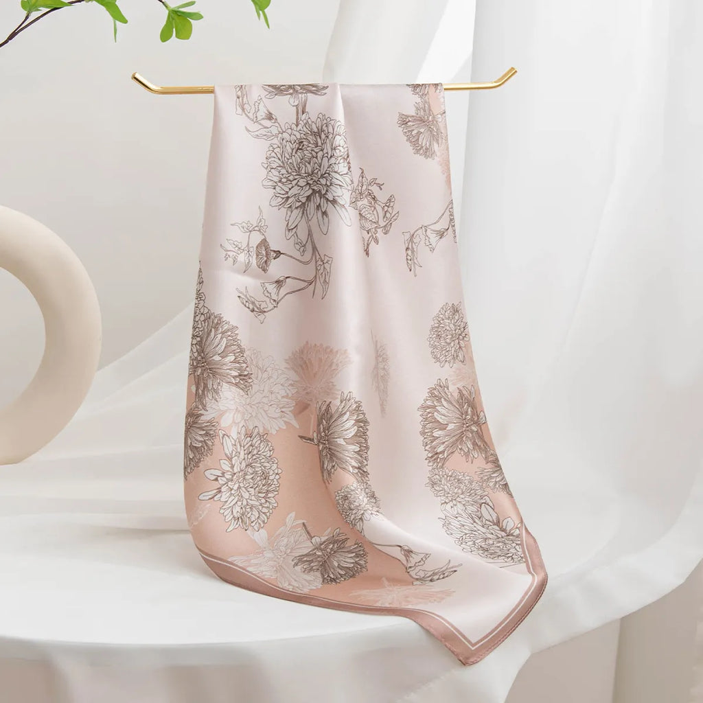 Hanging pink silk scarf with sketched floral pattern