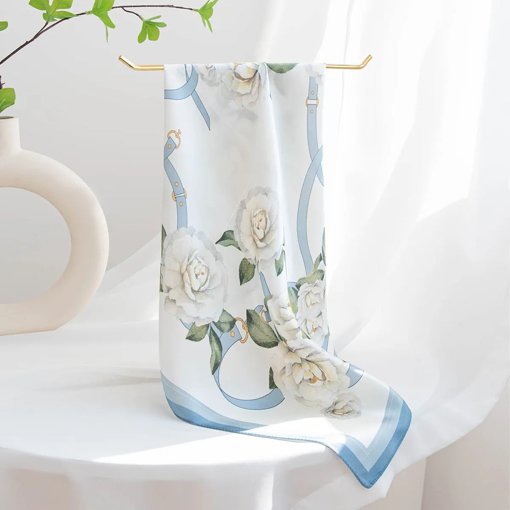 Hanging white silk scarf with blue border and white blooms