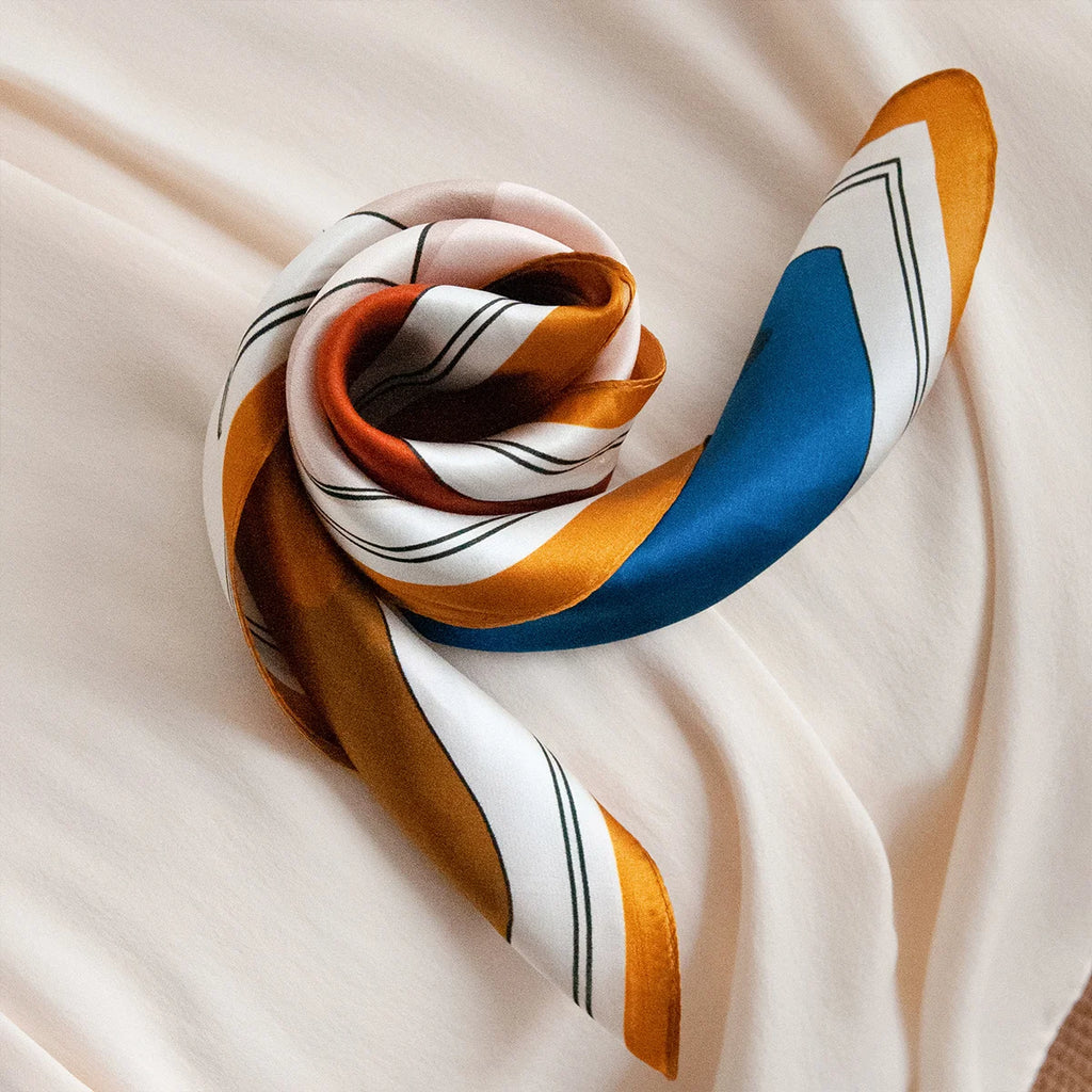 Knotted abstract Silk Square Scarf on satin background