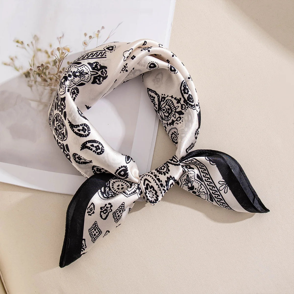 Knotted black white paisley Silk Square Scarf display