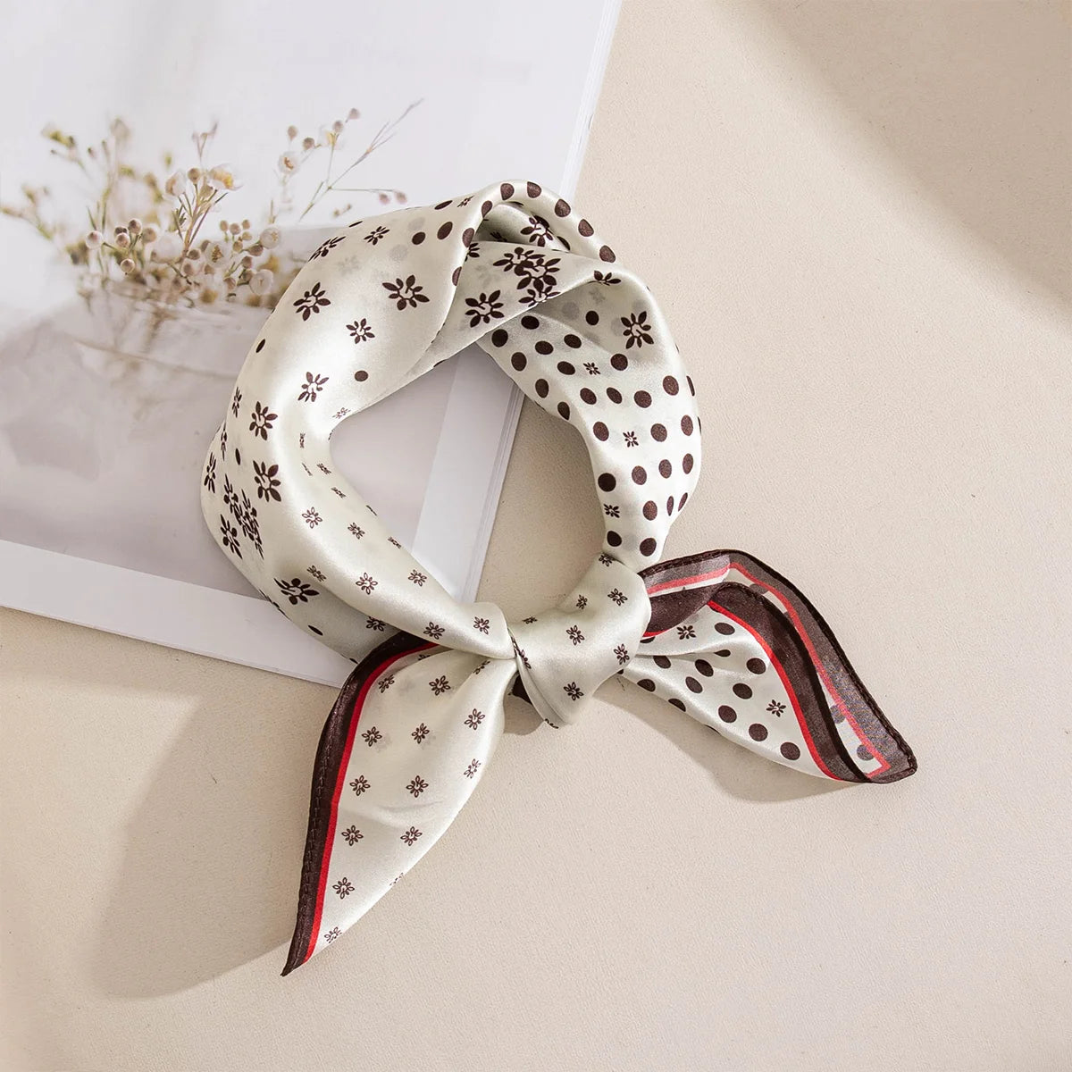 Knotted cream Silk Square Scarf with burgundy trim