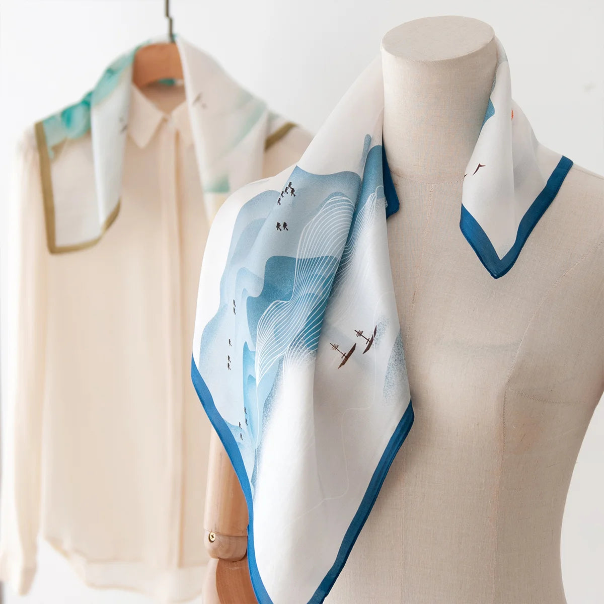 Landscape Silk Square Scarf styled on mannequin