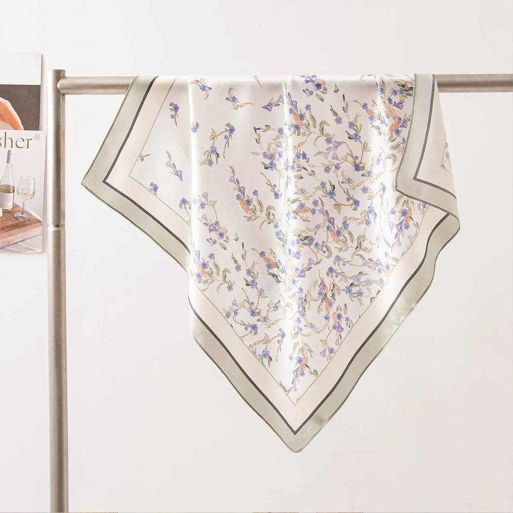 Lavender vine Silk Square Scarf draped on display
