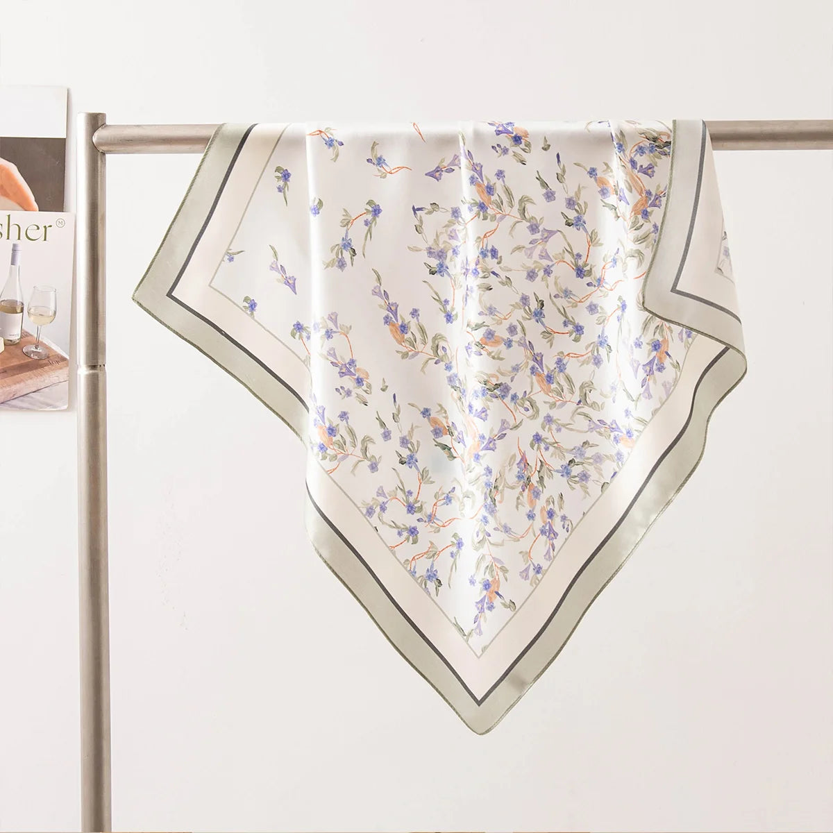 Lavender vine Silk Square Scarf draped on display
