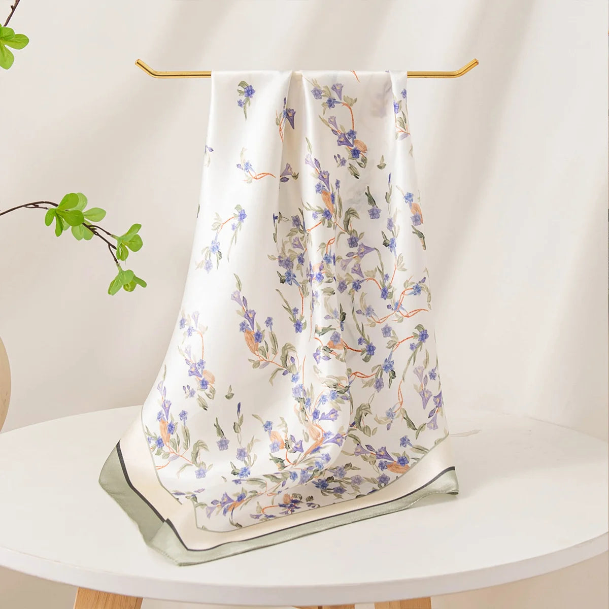 Lavender floral Silk Square Scarf hanging triangle display