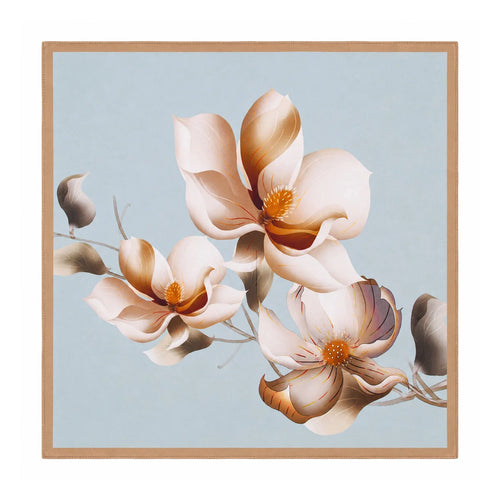 Light blue silk square scarf with bronze magnolia flowers