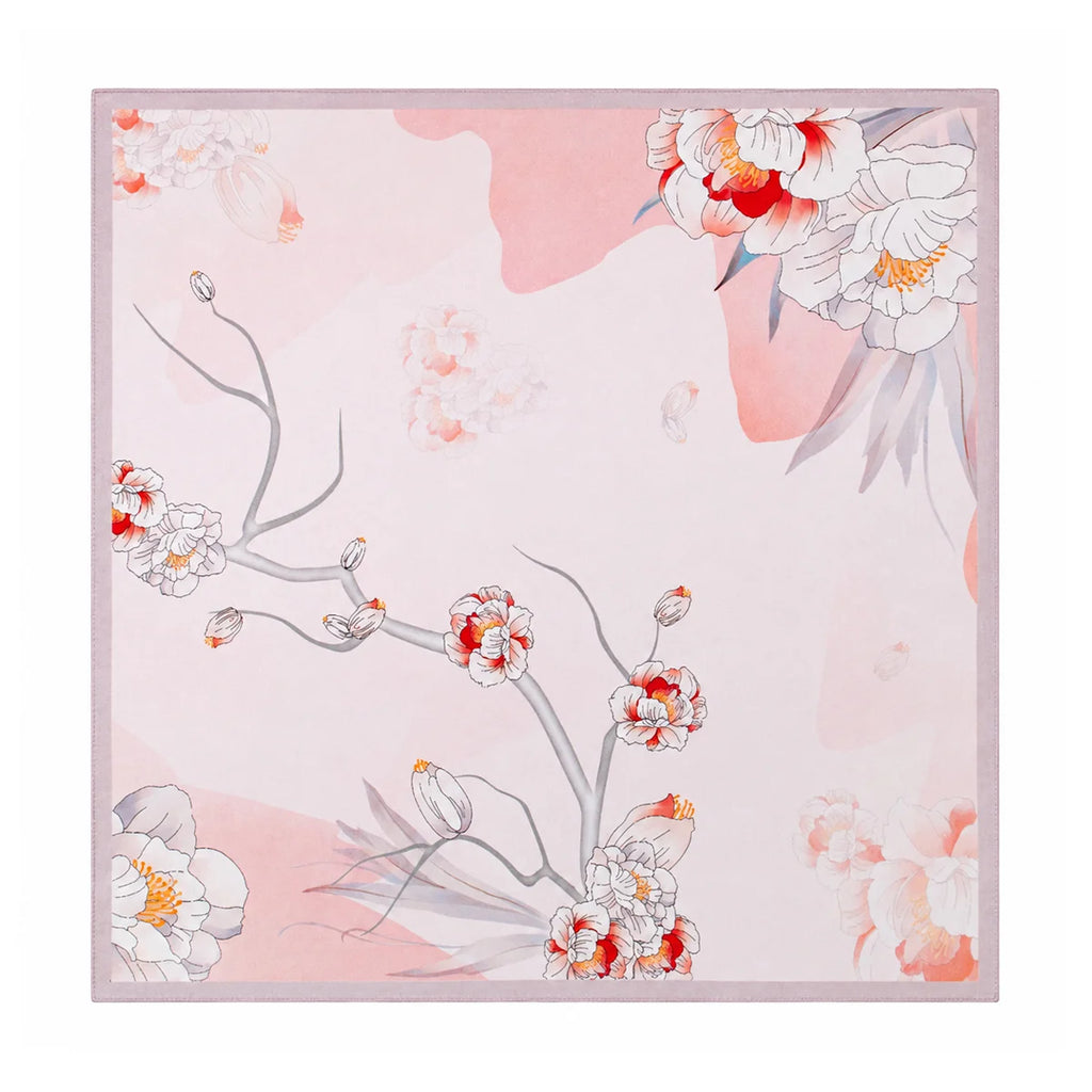 Light pink silk square scarf with white floral line art