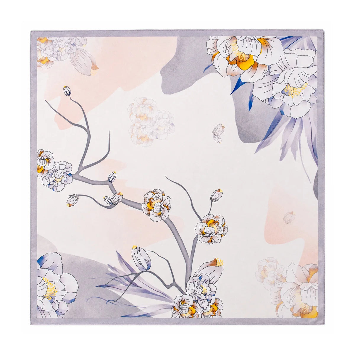 Light purple silk square scarf with white floral line art
