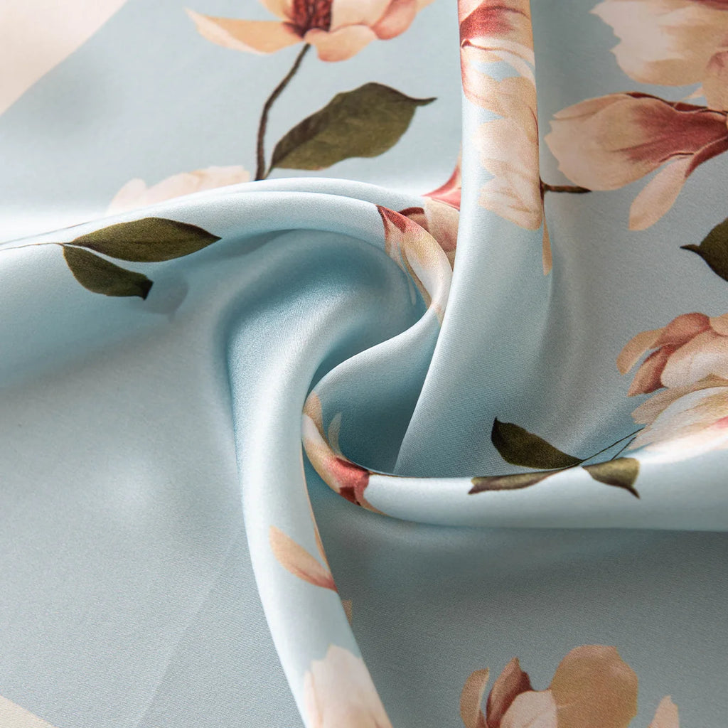 Light blue floral Silk Square Scarf fabric close-up