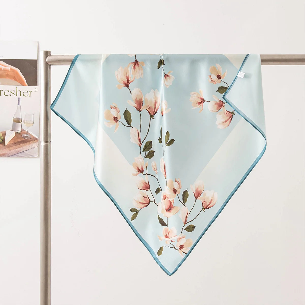 Light blue floral Silk Square Scarf hanging display