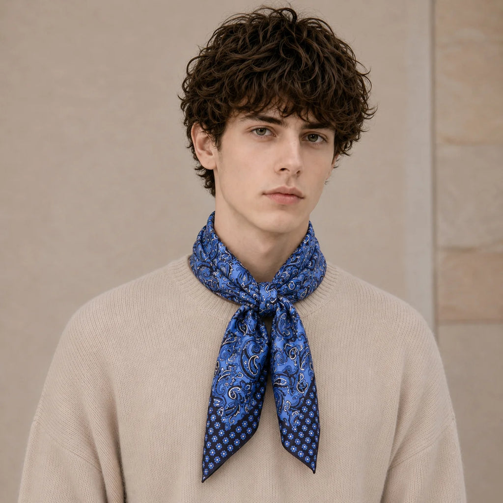 Male model wearing blue paisley Silk Square Scarf tie
