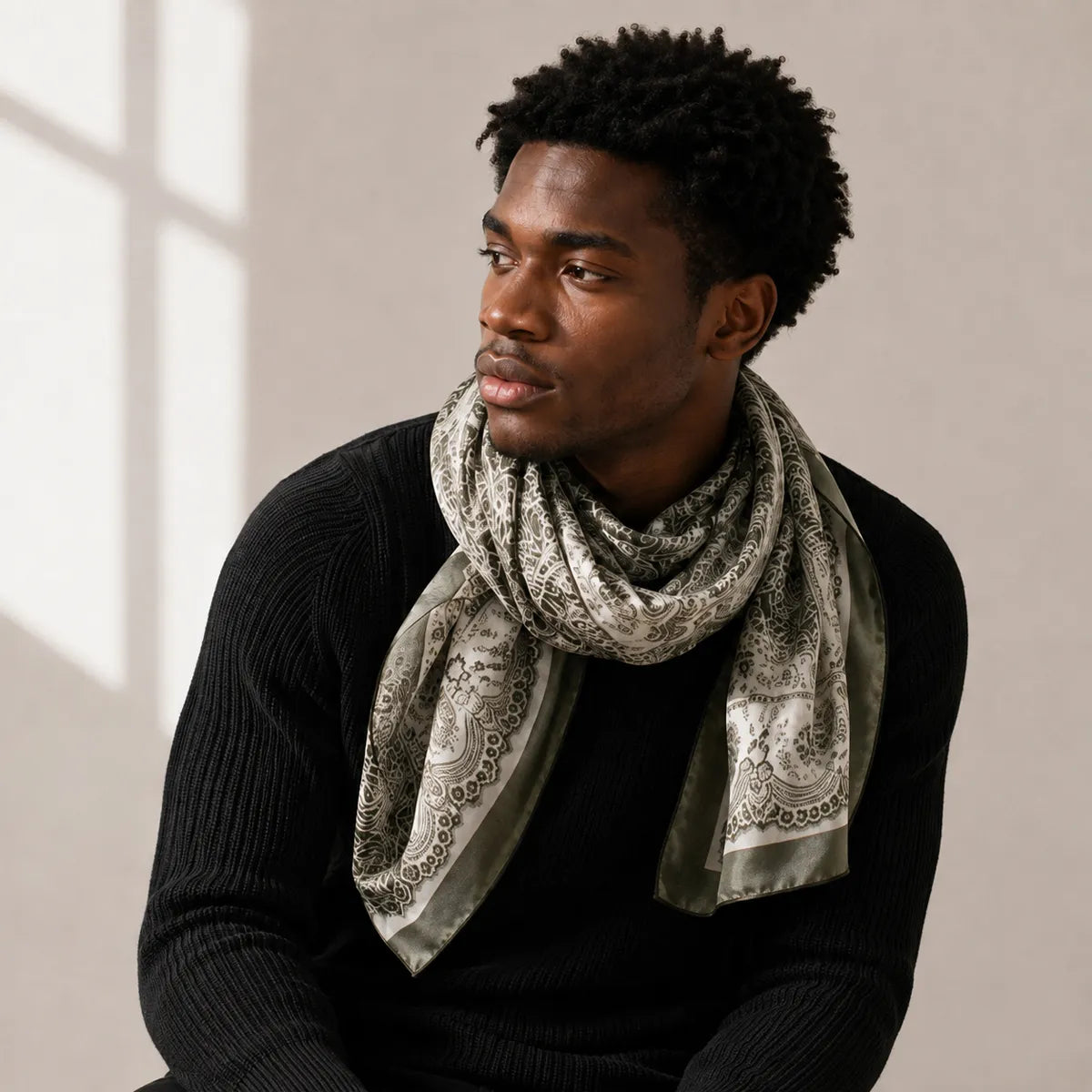 Man styling olive botanical silk scarf indoors