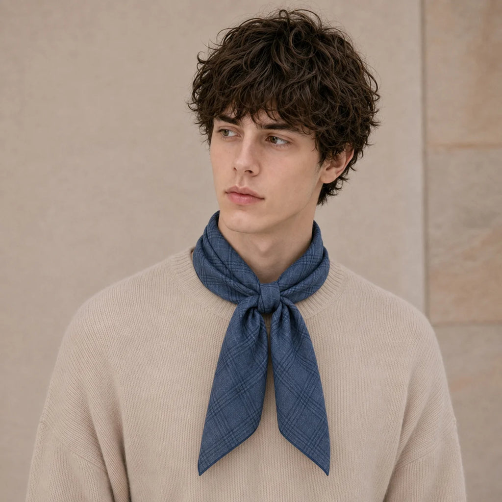 Man wearing blue plaid Silk Square Scarf
