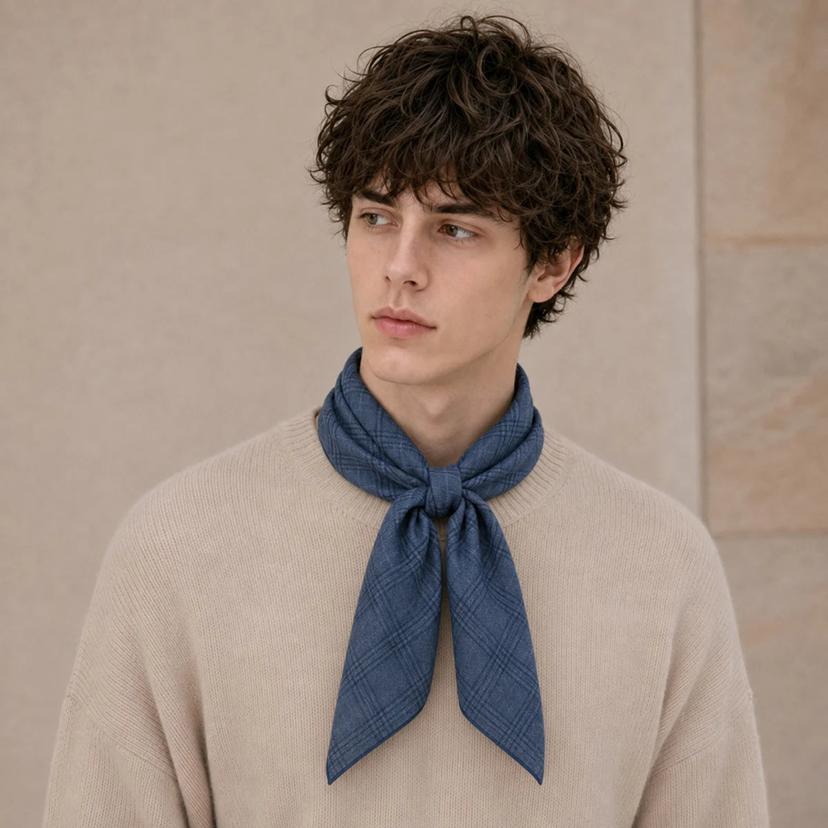 Man wearing blue plaid Silk Square Scarf