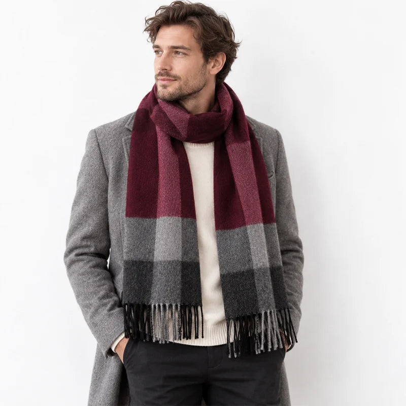 Man wearing burgundy crossband wool scarf with a gray jacket