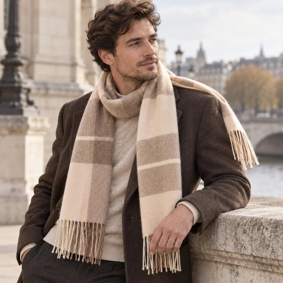Man wearing camel checked wool wool scarf beside riverside railing