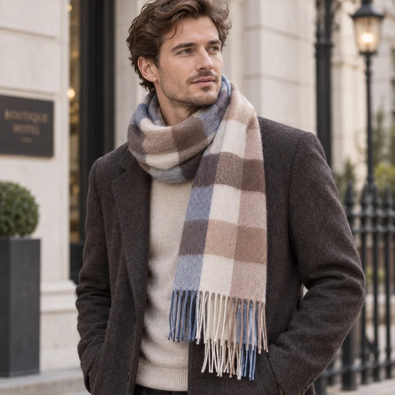 Man wearing checked cashmere scarf with a dark jacket
