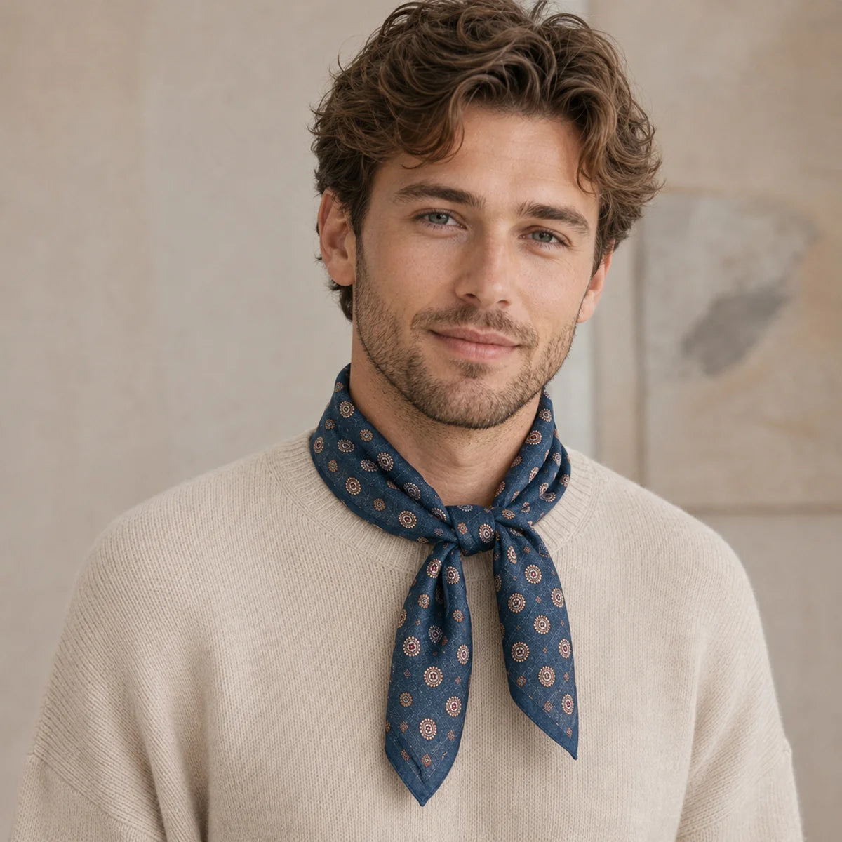 Man wearing deep blue Silk Square Scarf necktie