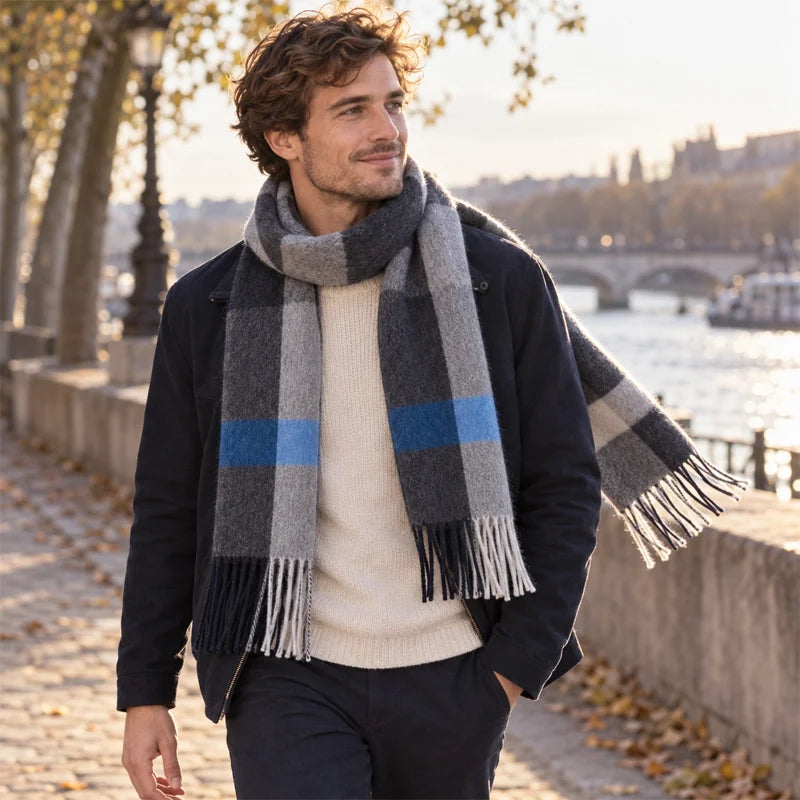 Man wearing gray blue striped scarf beside riverside railing