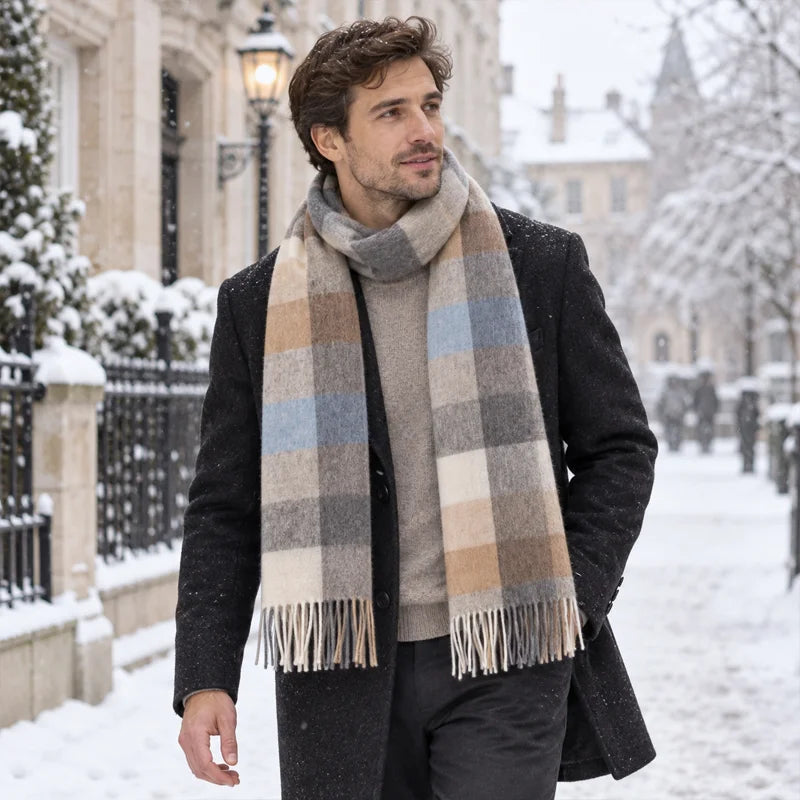 Man wearing gray tan blue check wool scarf in snow