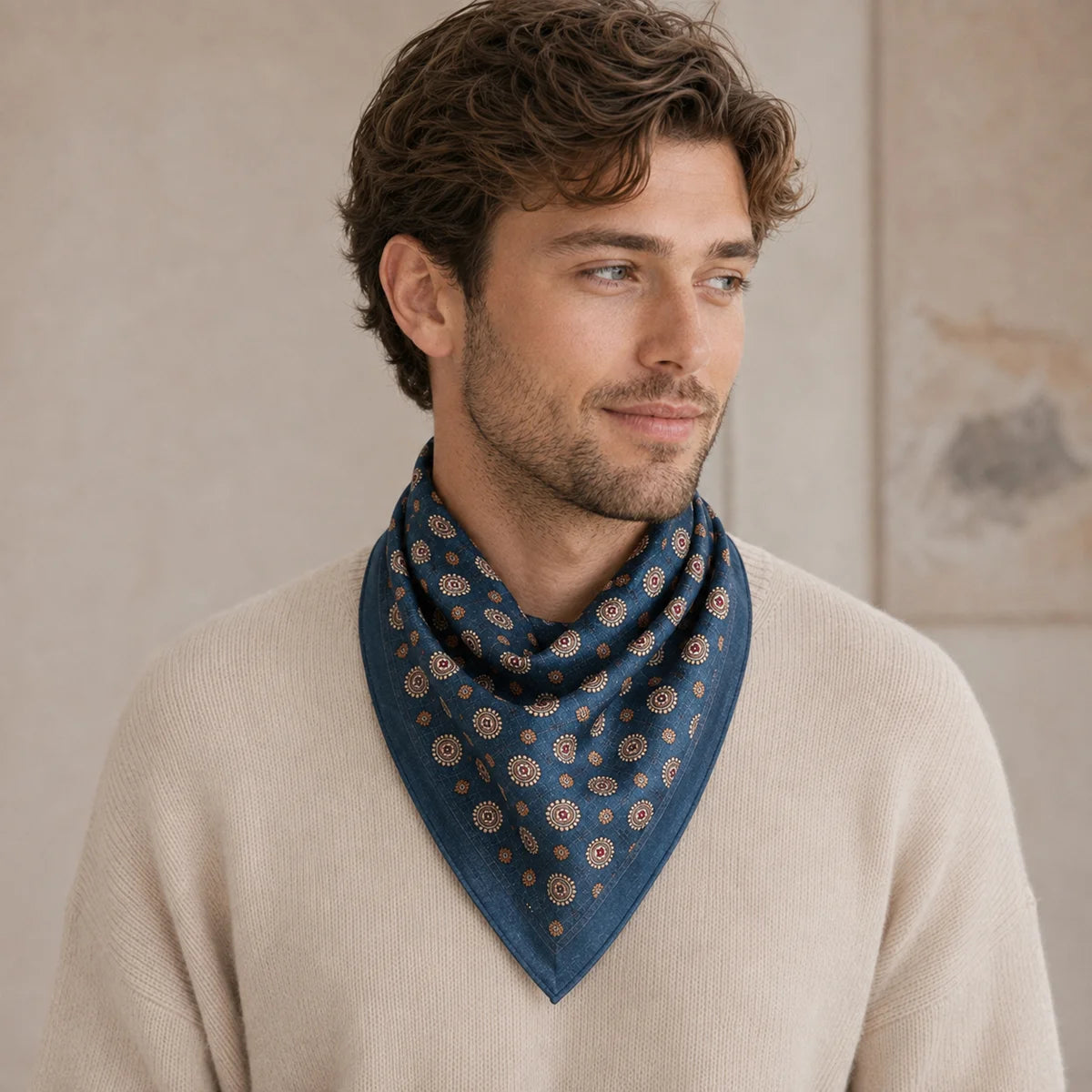 Man wearing medallion Silk Square Scarf bandana style
