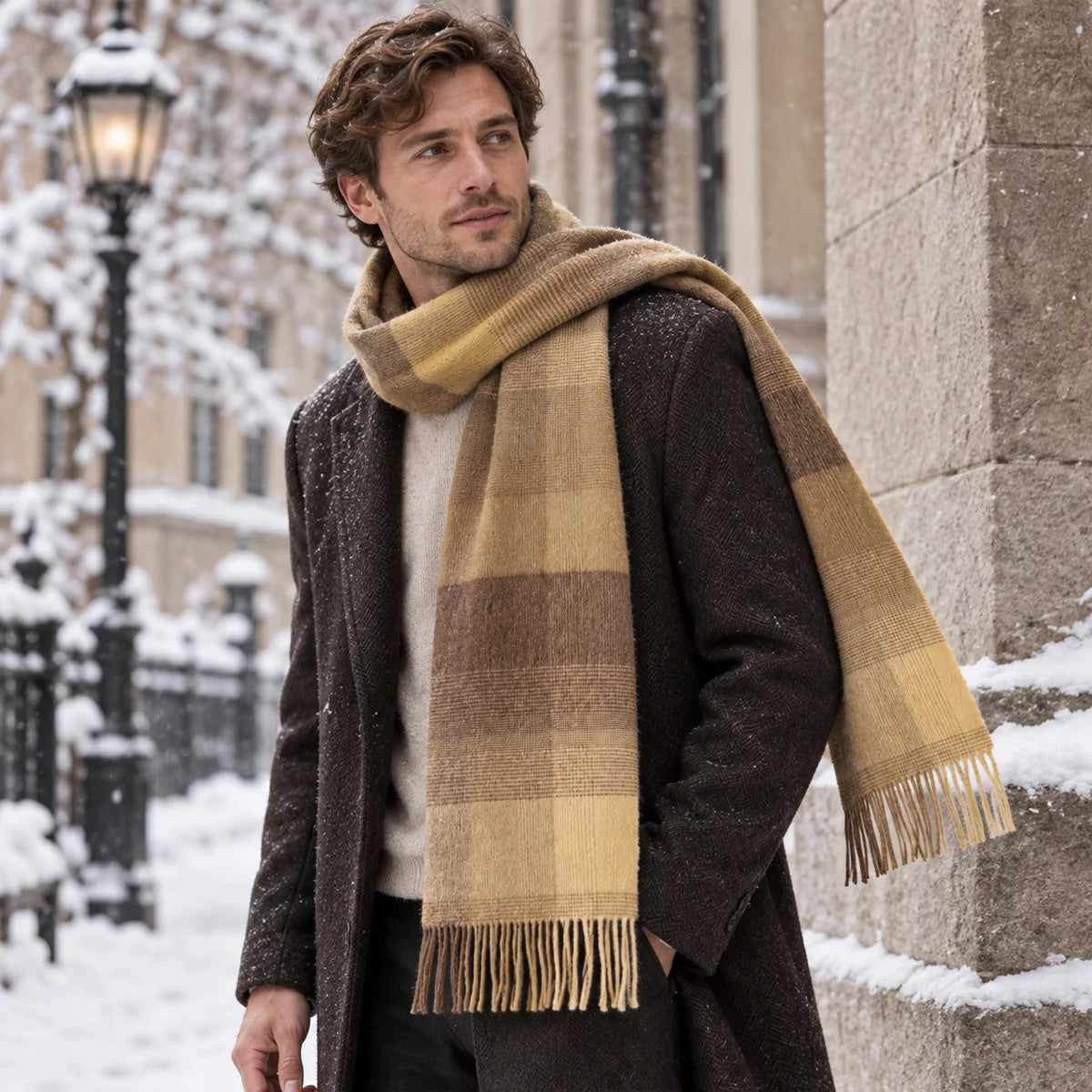 Man wearing mustard brown checked wool scarf beside snowy wall