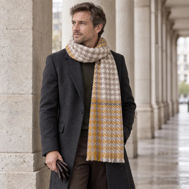 Man wearing mustard houndstooth wool scarf over dark coat