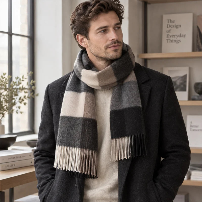 Man wearing neutral block check wool scarf indoors