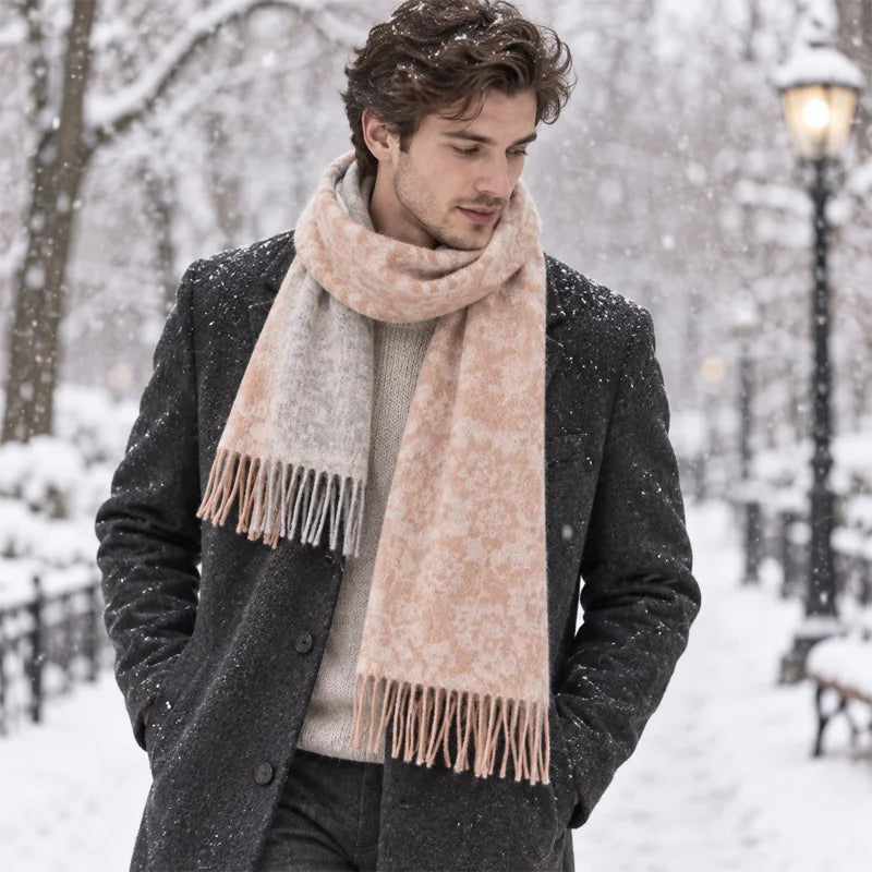 Man wearing peach floral wool wool scarf with black coat