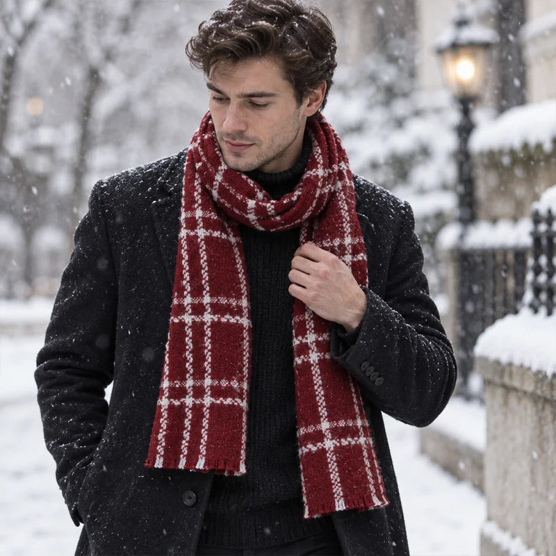 Man wearing red chain check wool scarf in snowy street