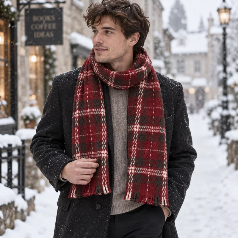 Man wearing red checked wool scarf in snowy street