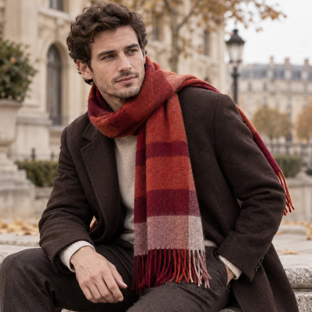 Man wearing rust tartan wool wool scarf with brown jacket