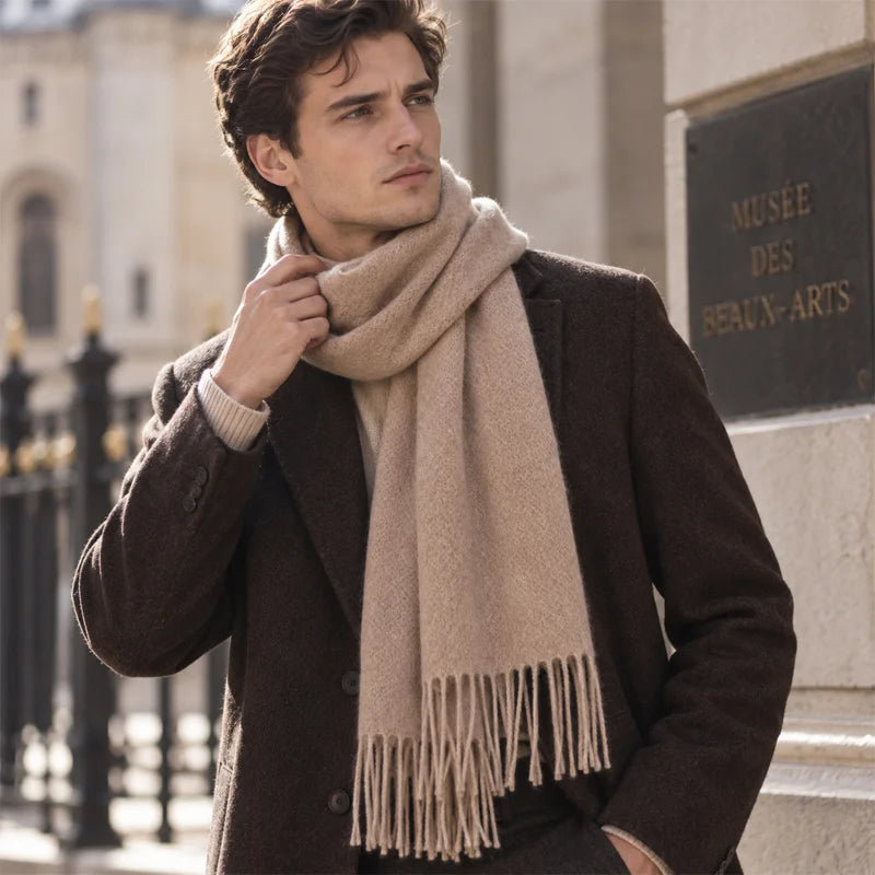 Man wearing taupe cashmere scarf with a dark jacket