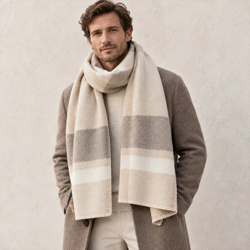 Man wearing wide neutral checked scarf with brown coat
