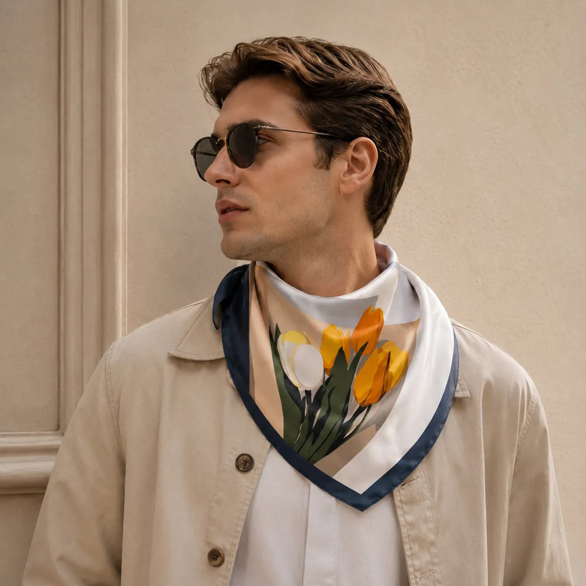 Man with sunglasses and beige jacket, navy-trimmed tulip scarf draped