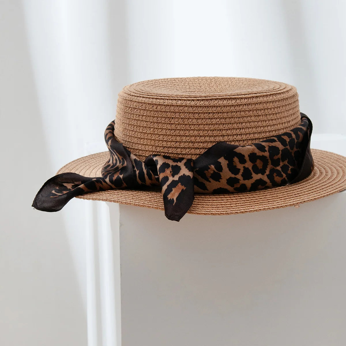 Mini leopard Silk Square Scarf styled on straw hat