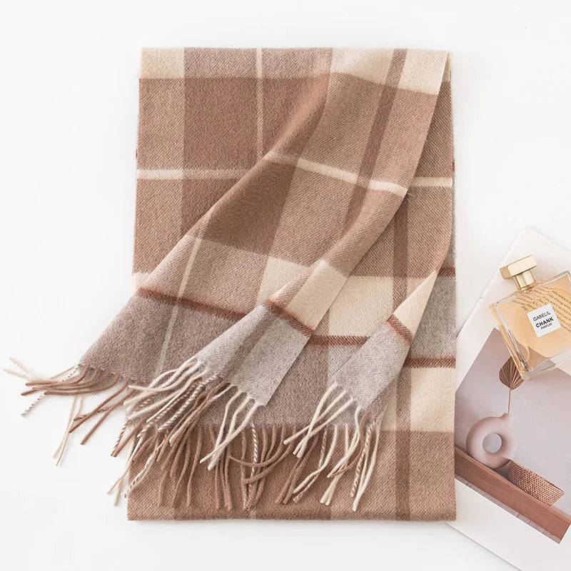 Mocha cream plaid cashmere scarf showing intersecting pale crossing lines