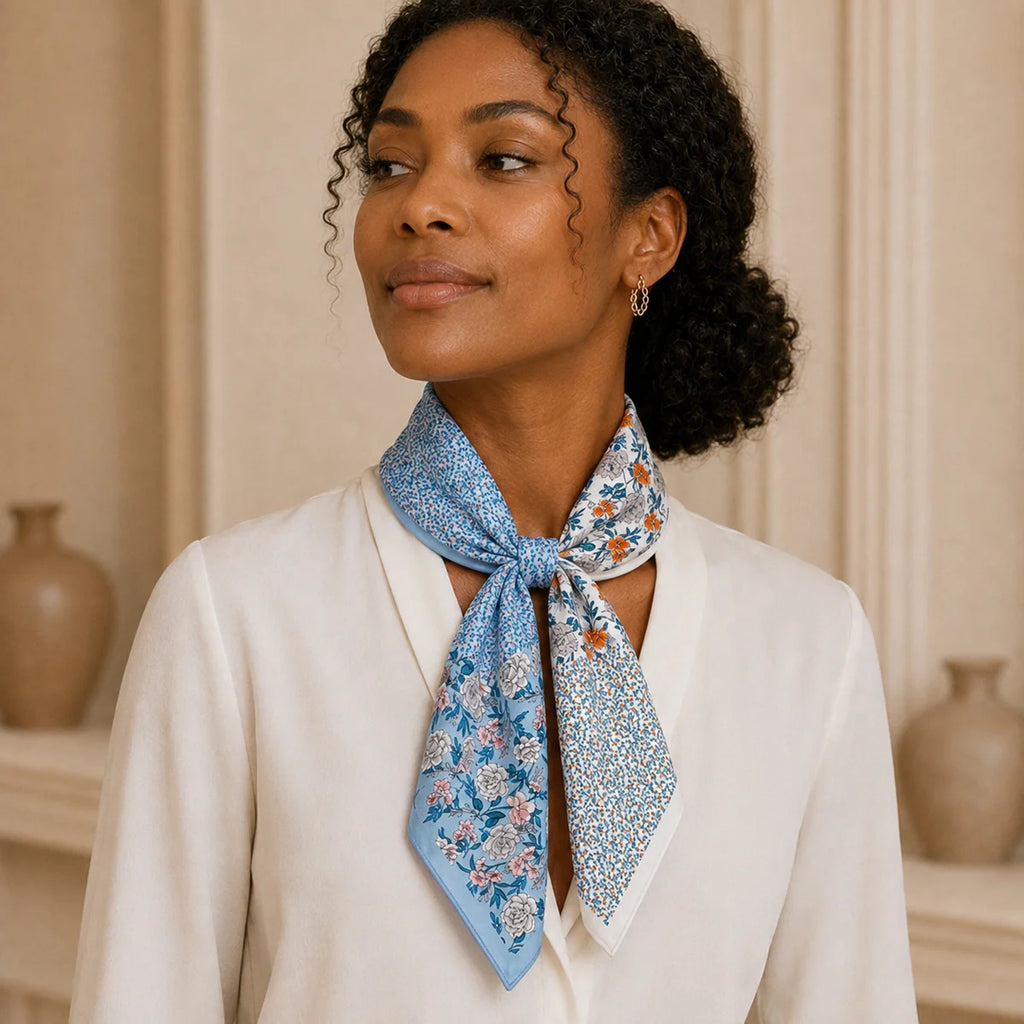 Model wearing blue floral silk scarf neck tie