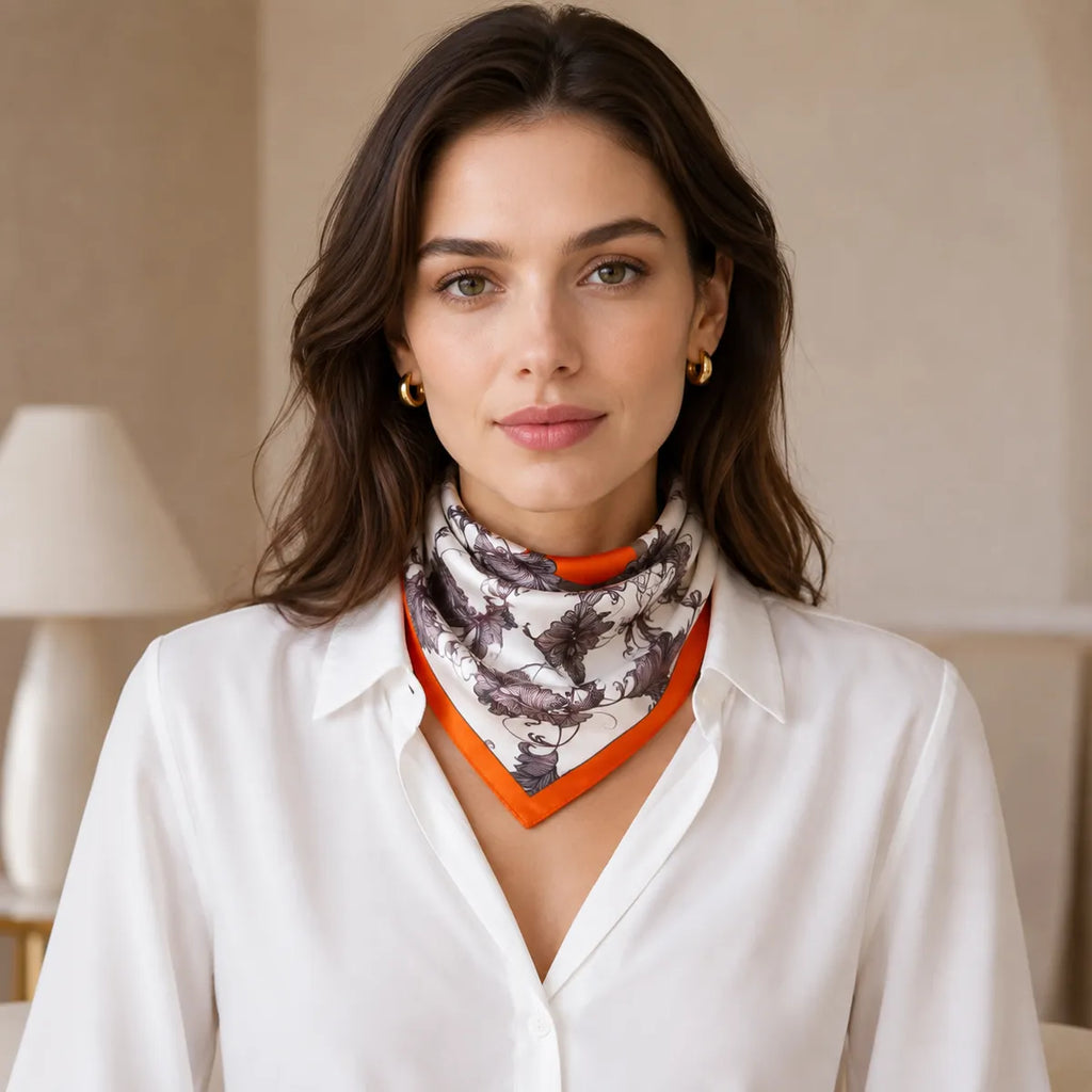 Model wearing triangle-folded silk scarf
