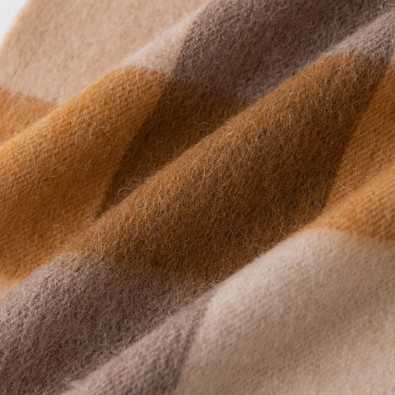 Mustard band crossing neutral blocks in brushed fabric folds