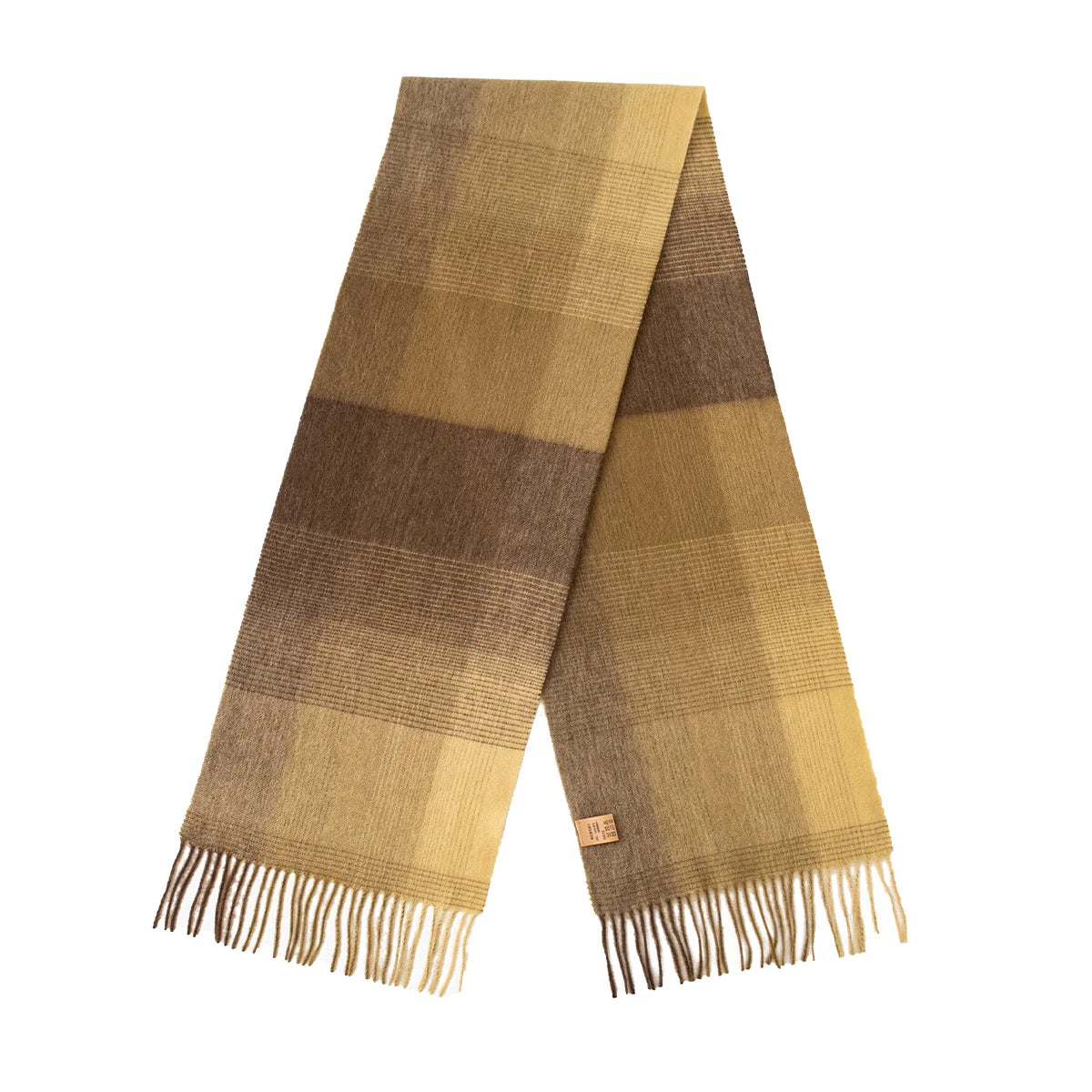 Mustard brown block check wool scarf displayed with fringed ends